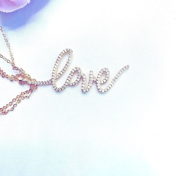 NWT Style Collection Cursive LOVE Pendant Necklace Gold with Sparkly CZ Stones - Picture 1 of 5